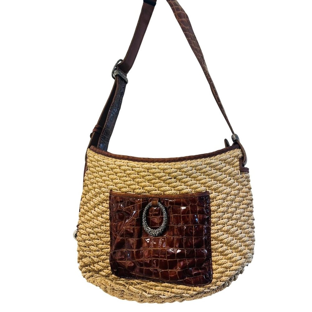 Vintage Brighton Woven Leather Shoulder Bag with brown Croc-embossed leather tri